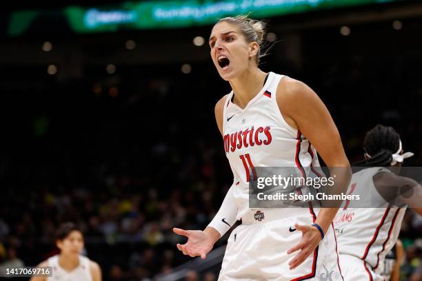 Elena Delle Donne of the Washington Mystics reacts against the Seattle Storm during the second quarter in Round 1 Game 2 of the WNBA playoffs at...