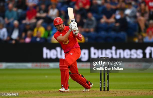 Joe Clarke of Welsh Fire bats during The Hundred match between Welsh Fire Men and Southern Brave Men at Sophia Gardens on August 22, 2022 in Cardiff,...