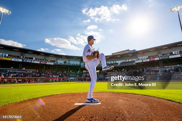 Pitcher Bryce Jarvis of the Amarillo Sod Poodles throws a warmup pitch before the game against the Springfield Cardinals at HODGETOWN Stadium on...