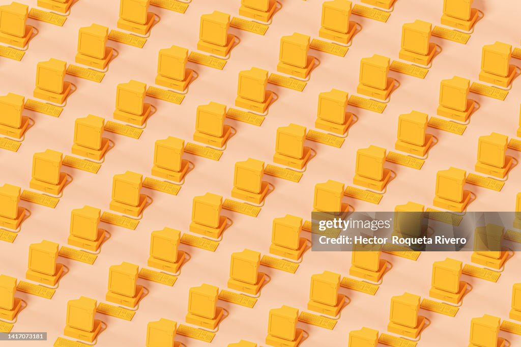 3d rendering of many Old Computers in Orange tones