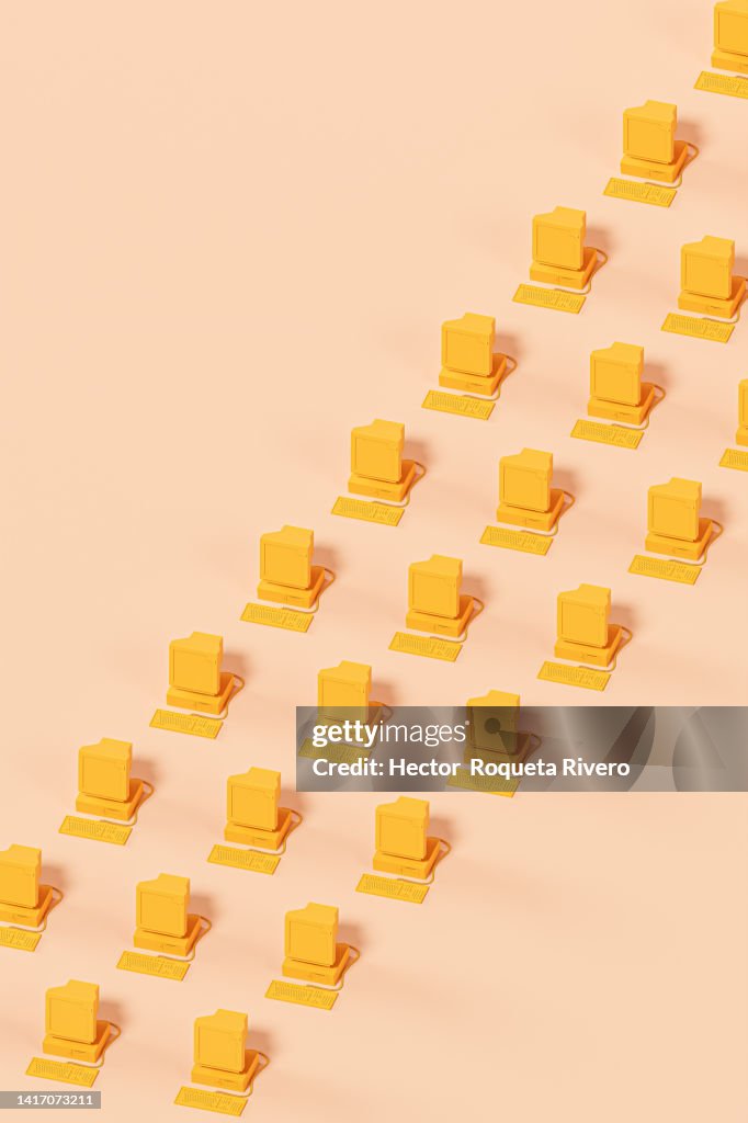 3d rendering of many Old Computers in Orange tones