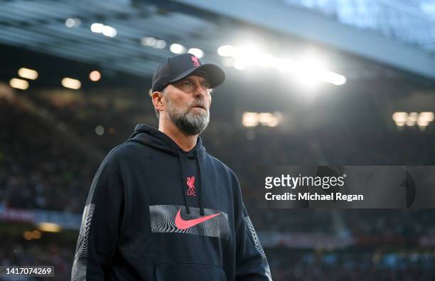 Juergen Klopp, Manager of Liverpool looks on prior to the Premier League match between Manchester United and Liverpool FC at Old Trafford on August...