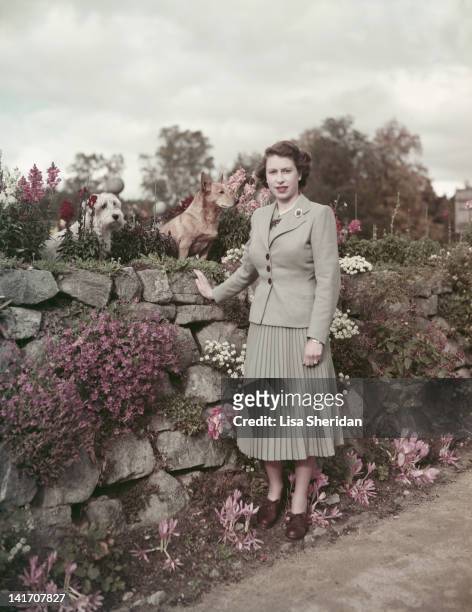 Queen Elizabeth II with two dogs at Balmoral Castle in Scotland, 28th September 1952.