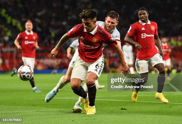 Manchester United's L Martinez with James Milner of Liverpool during the Premier League match between Manchester United and Liverpool FC at Old...