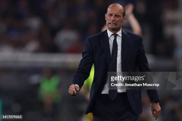 Massimiliano Allegri Head coach of Juventus reacts during the Serie A match between UC Sampdoria and Juventus at Stadio Luigi Ferraris on August 22,...