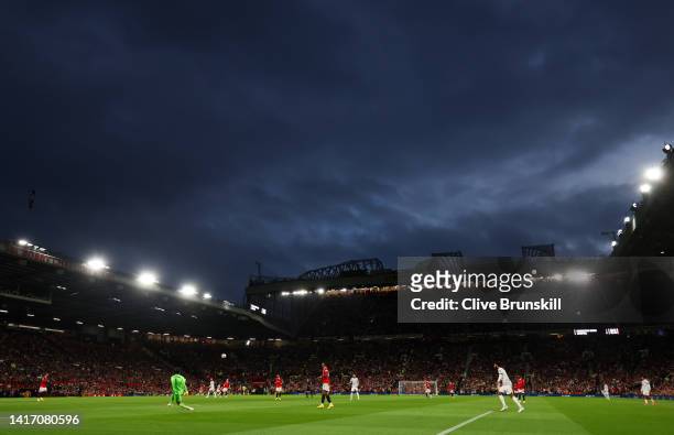 General view of play during the Premier League match between Manchester United and Liverpool FC at Old Trafford on August 22, 2022 in Manchester,...