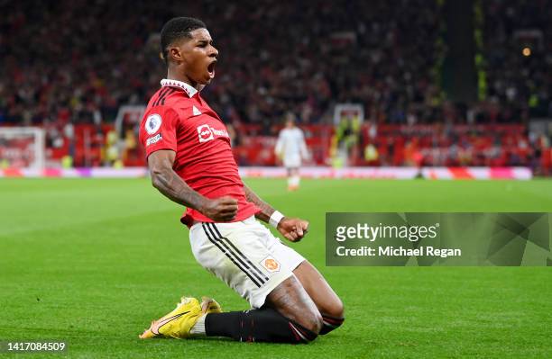 Marcus Rashford of Manchester United celebrates after scoring their team's second goal during the Premier League match between Manchester United and...