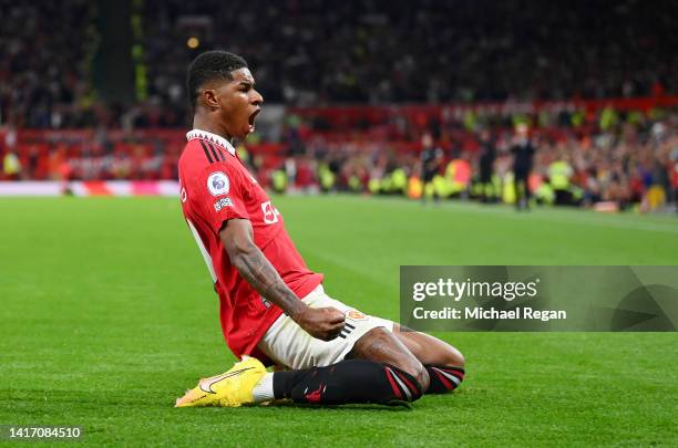 Marcus Rashford of Manchester United celebrates after scoring their team's second goal during the Premier League match between Manchester United and...