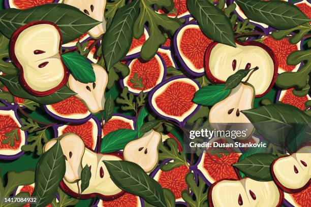 figs, apples and pears - cutting green apple stock illustrations