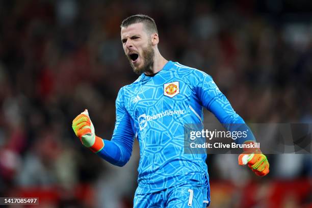 David De Gea of Manchester United celebrates their sides second goal which was scored by Marcus Rashford of Manchester United during the Premier...