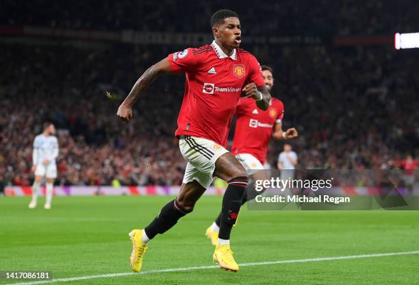 Marcus Rashford of Manchester United celebrates after scoring their team's second goal during the Premier League match between Manchester United and...