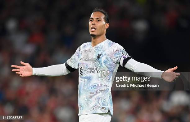 Virgil van Dijk of Liverpool reacts during the Premier League match between Manchester United and Liverpool FC at Old Trafford on August 22, 2022 in...