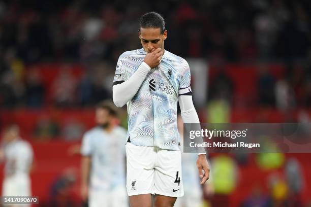 Virgil van Dijk of Liverpool looks dejected following defeat in the Premier League match between Manchester United and Liverpool FC at Old Trafford...