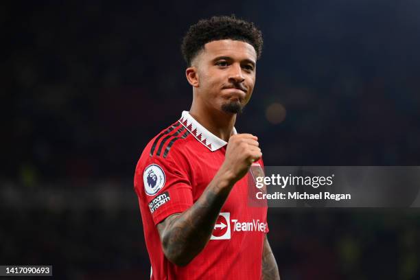 Jadon Sancho of Manchester United celebrates after victory in the Premier League match between Manchester United and Liverpool FC at Old Trafford on...