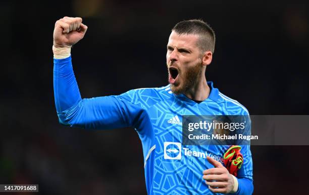 David De Gea of Manchester United celebrates after victory in the Premier League match between Manchester United and Liverpool FC at Old Trafford on...