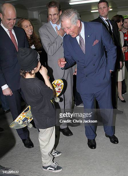 Prince Charles, Prince of Wales meets a young skateboarder as he visits Fryshuset Youth Centre on March 22, 2012 in Stockholm, Sweden. Prince...