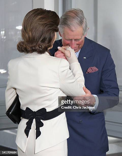 Prince Charles, Prince of Wales greets Queen Silvia of Sweden at the Royal Palace on March 22, 2012 in Stockholm, Sweden. Prince Charles, Prince of...