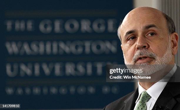 Federal Reserve Board Chairman Ben Bernanke lectures at George Washington University March 22, 2012 in Washington, DC. Bernanke is taking part in a...