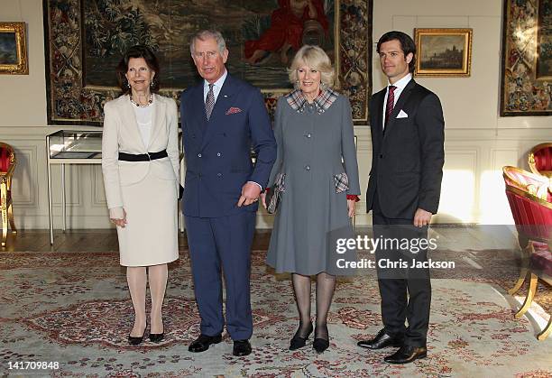 Queen Silvia of Sweden, Prince Charles, Prince of Wales, Camilla, Duchess of Cornwall and Prince Carl Philip of Sweden pose for an official photo in...