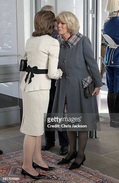 Camilla, Duchess of Cornwall greets Queen Silvia of Sweden at the Royal Palace on March 22, 2012 in Stockholm, Sweden. Prince Charles, Prince of...