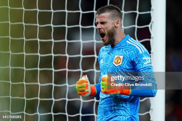 David De Gea of Manchester United celebrates their sides second goal which was scored by Marcus Rashford of Manchester United during the Premier...