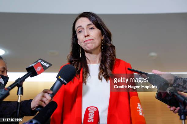New Zealand Prime Minister Jacinda Ardern speaks to media prior to a Labour Party caucus meeting on August 23, 2022 in Wellington, New Zealand....