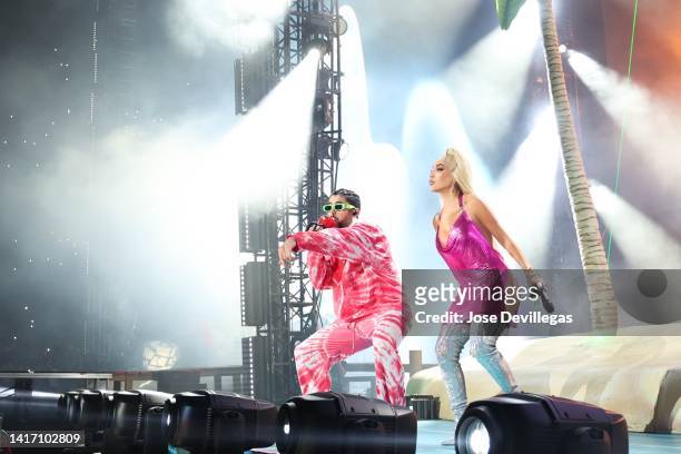 Bad Bunny and Ivy Queen perform during Bad Bunny concert as part of 'World's Hottest Tour' at Soldier Field on August 20, 2022 in Chicago, Illinois.