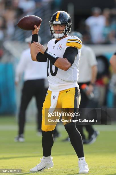 Mitch Trubisky of the Pittsburgh Steelers throws a pass before the start of a preseason game against the Jacksonville Jaguars at TIAA Bank Field on...