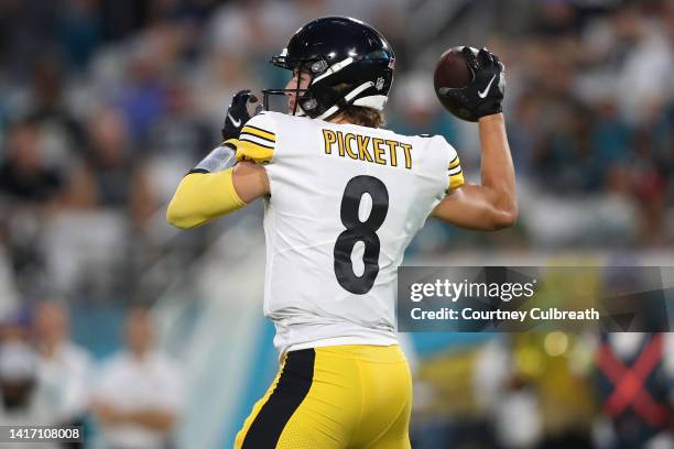 Kenny Pickett of the Pittsburgh Steelers throws a pass during the first half of a preseason game against the Jacksonville Jaguars at TIAA Bank Field...