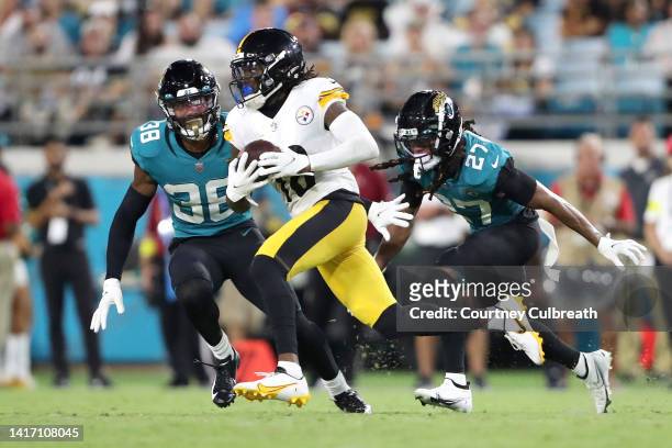 Diontae Johnson of the Pittsburgh Steelers runs the ball during the first half of a preseason game against the Jacksonville Jaguars at TIAA Bank...
