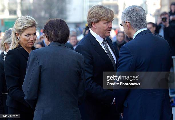 Princess Maxima and Prince Willem-Alexander of the Netherlands are greeted by Elio Di Rupo,Prime Minister of Belgium and King Albert II of Belgium at...