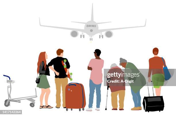 aiport luggage and travellers young and old - real people stock illustrations