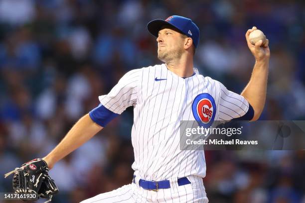 Drew Smyly of the Chicago Cubs delivers a pitch during the second inning against the St. Louis Cardinals at Wrigley Field on August 22, 2022 in...