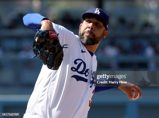 David Price of the Los Angeles Dodgers pitches in relief during a 10-3 win over the Miami Marlins at Dodger Stadium on August 21, 2022 in Los...