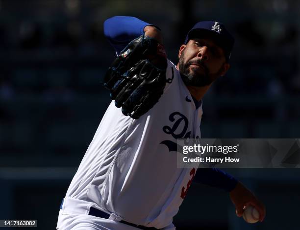 David Price of the Los Angeles Dodgers pitches in relief during a 10-3 win over the Miami Marlins at Dodger Stadium on August 21, 2022 in Los...