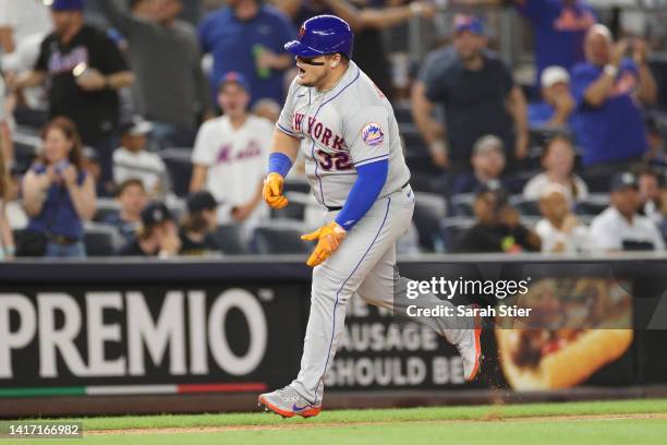 Daniel Vogelbach of the New York Mets reacts after hitting a two-run home run during the seventh inning against the New York Yankees at Yankee...