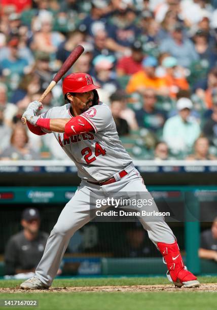 Kurt Suzuki of the Los Angeles Angels bats against the Detroit Tigers at Comerica Park on August 21 in Detroit, Michigan.