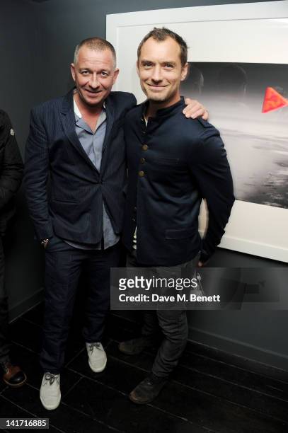 Sean Pertwee and Jude Law attend a private viewing of artist Paul Fryer's exhibit 'The Electric Sky' at Pertwee, Anderson & Gold Gallery on March 22,...