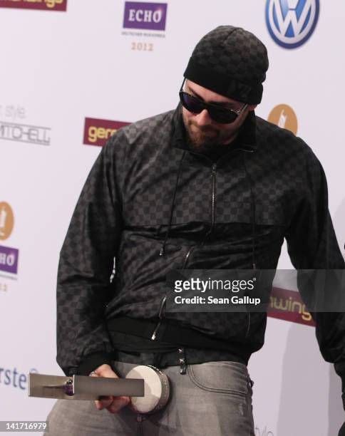 Sido poses with his Echo Music Award for Best National Video at the Echo Award 2012 on March 22, 2012 in Berlin, Germany.