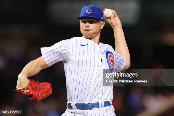 Sean Newcomb of the Chicago Cubs delivers a pitch during the eighth inning against the St. Louis Cardinals at Wrigley Field on August 22, 2022 in...