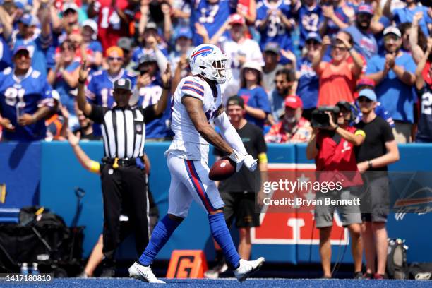 Gabriel Davis of the Buffalo Bills celebrates after scoring a touchdown during the first quarter of a preseason game against the Denver Broncos at...