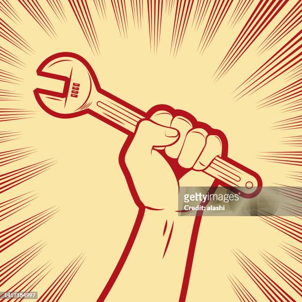 a firm fist holding an adjustable wrench in the background with comic effects lines - red revolution stock illustrations