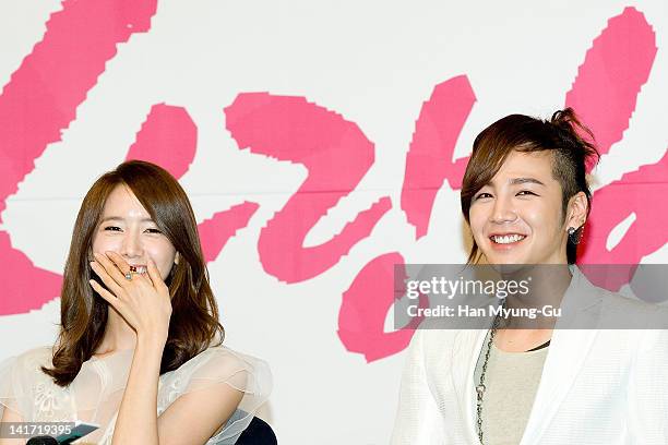 South Korean actors Yoona of K-Pop girl group Girls' Generation and Jang Geun-Suk attend a press conference to promote KBS drama 'Love Rain' at Lotte...