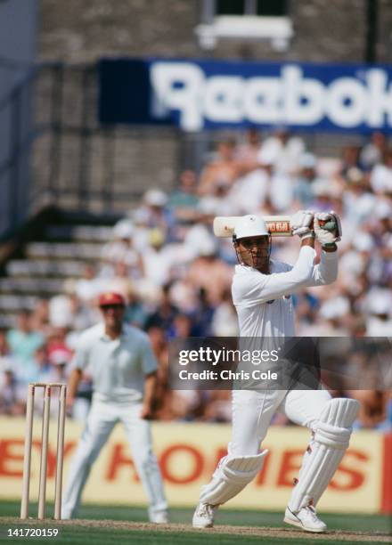 Pakistani cricketer Waqar Younis batting for Surrey CCC in the semi-final of the NatWest Trophy against Northamptonshire at The Oval, London, 14th...