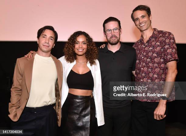 Justin Long, Georgina Campbell, Zach Cregger and Matthew Patrick Davis attend the "Barbarian" Collider special screening at The Landmark Westwood in...