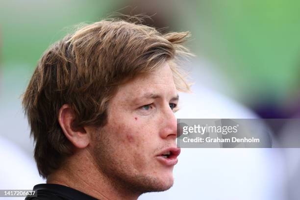 Harry Grant of the Storm looks on during a Melbourne Storm NRL media opportunity at AAMI Park on August 23, 2022 in Melbourne, Australia.