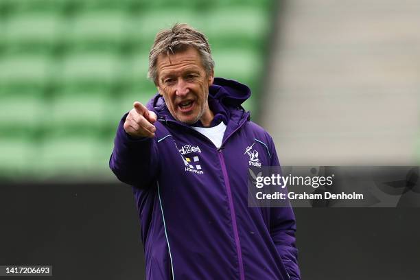 Storm Coach Craig Bellamy gives instructions during a Melbourne Storm NRL media opportunity at AAMI Park on August 23, 2022 in Melbourne, Australia.