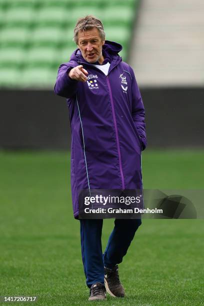 Storm Coach Craig Bellamy gives instructions during a Melbourne Storm NRL media opportunity at AAMI Park on August 23, 2022 in Melbourne, Australia.