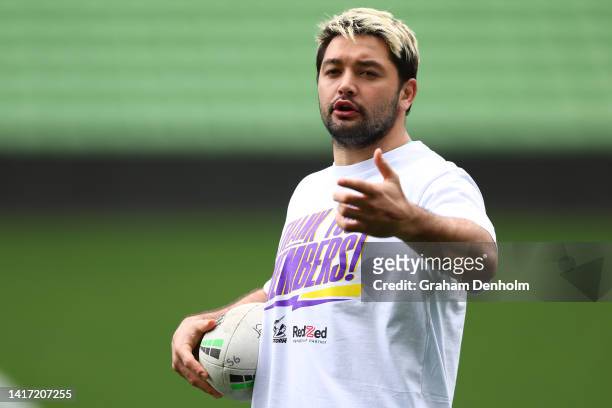 Brandon Smith of the Storm looks on during a Melbourne Storm NRL media opportunity at AAMI Park on August 23, 2022 in Melbourne, Australia.