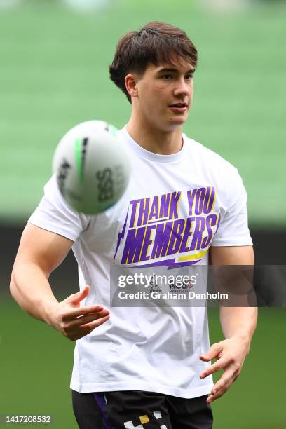 Jack Howarth of the Storm passes during a Melbourne Storm NRL media opportunity at AAMI Park on August 23, 2022 in Melbourne, Australia.
